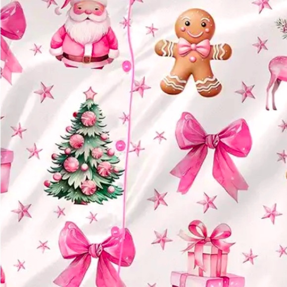 Pink Coquette Bowknot Christmas Pajamas Satin Pj’s Santa Bows & Gingerbread Men - Picture 6 of 6